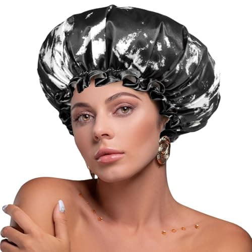 mikimini Large Shower Cap for Women Men Reusable Waterproof, Double Layer Adjustable Hair Cap with Elastic Band for Long Hair & Braids - Classic Black and White Design