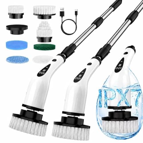 Electric Spin Scrubber, 3-Speed Cordless Cleaning Brush with 8 Brush Heads & Base, IPX7 Waterproof, Adjustable Long Handle, Digital Display, 2500mAh Fast Charging, for Bathroom, Tub, Tile, Floor - Image 1