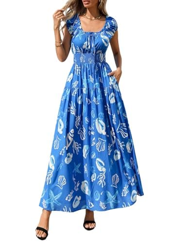 PRETTYGARDEN Boho Maxi Dresses for Women 2026 Summer Floral Wedding Guest Dress Resort Wear Spring Long Flowy Beach Sundress (Blue White Floral,Medium) - Image 1