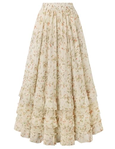 Maxi Skirts for Women Floral Chiffon Elastic High Waist Flowy Ruffle Long Skirt with Pockets Orange Floral XXL - Image 1