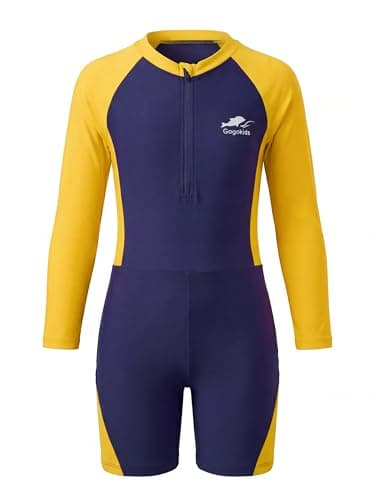 Gogokids Boys Girls One Pieces Swimsuits Long Sleeve Rash Guard UPF 50+ Bathing Suits Color Block Water Sport Zipper Swimwear,Yellow-Blue,4-5Years - Image 1