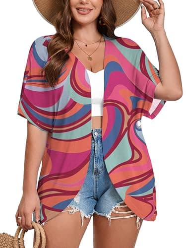 AusLook Women's Plus Size Short Sleeve Lightweight Open Front Cardigan Vibrant Fluid Bloom 2X Cover Ups Shrugs Shawls and Wraps Kimono Jacket Coat - Image 1