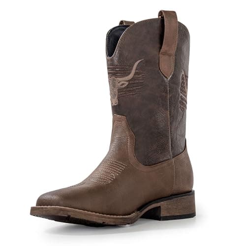 MacePhenoMelon Square Toe Cowboy Boots for Men Classic Western Boots Black Men's Pull On Retro Chunky Short Country Boots TTB-7.5 - Image 1