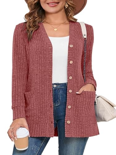 AusLook Plus Size Women Long Sleeve Cardigan Pumpkin 2X Open Front Button Down Lightweight Casual Sweater Cover Ups Shrugs Shawls and Wraps Kimono Jacket Coat with Pockets - Image 1