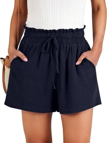 NILOINE Womens Summer Elastic Waist Drawstring Shorts Ruffle Waist High Waisted Pure Color Short Pant Wide Leg Casual Beach Shorts with Pockets(Navy Blue,Large) - Image 1