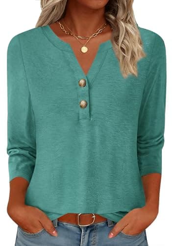 GKBK Womens Tops 3/4 Length Sleeve V Neck Button Down Short Sleeve Shirts Business Casual Basic Tees Summer Fashion 2026 Dressy Casual Office Blouses Work Outfits Cyan XXL - Image 1