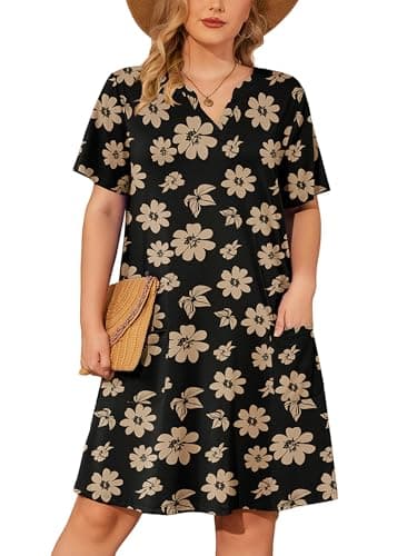 AusLook Plus Size Midi Dress for Women V Neck Short Sleeve Summer Casual Loose Fit Vacation 5X Sundress with Pockets - Image 1