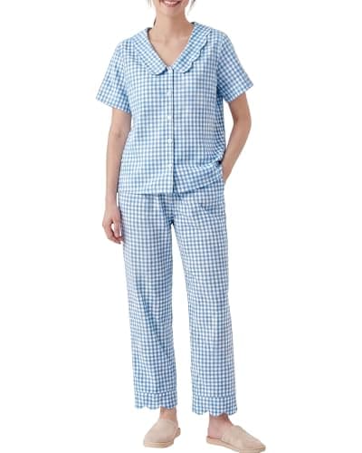 Bgylu Womens 100% Cotton Gingham Pajama Set 2 Piece Babydoll Sleepwear Short Sleeve Ruffle V Neck Button Top and Pants Cute Cozy Lounge Y2k PJs Blue - Image 1