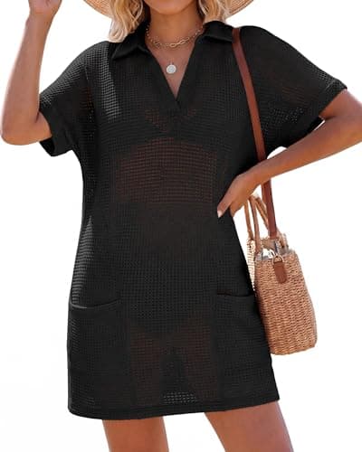 Bsubseach Womens Swimsuit Coverup Waffle Knit Bathing Suit Cover Up Short Sleeve V Neck Beach Vacation Dress with Pockets Black XL - Image 1