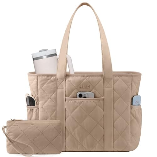LOVEVOOK Puffer Tote Bag for Women with Cup Holder,Large 15.6in Laptop Work Tote Bag with Zip for Daily,Travel, light Quilted Nurse Teacher Shoulder Bag,2pcs - Image 1