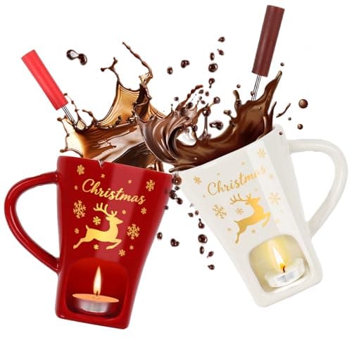 HANEVEAR 2 Pack Chocolate Fondue Mug, Mini Chocolate Melting Mug with 4 Forks and 4 Tealights, Ceramic Fondue Cup with Festive Holiday Pattern for Cheese, Butter - Birthday, Christmas, Wedding Gift - Image 1