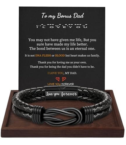 Btysun Bonus Dad Gifts, Step Dad Gifts Leather Bracelet for Men I Love You Gift for Bonus Dads Black Braided Cuff Bracelets for Men Retirement 50th 60th 70th Birthday Christmas Jewelry - Image 1