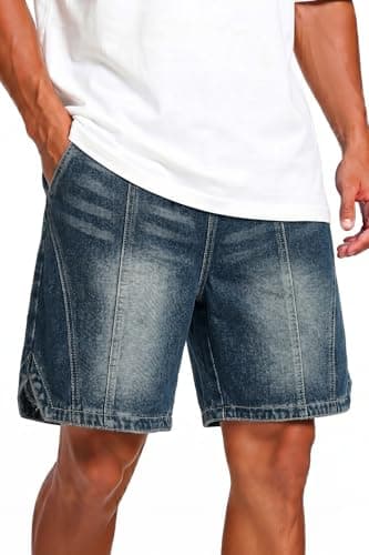 Heyfanee Mens Baggy Jean Shorts Y2k Elastic Waistband Jorts Men Streetwear Wide Leg Denim Shorts for Men Washed Blue 38 - Image 1