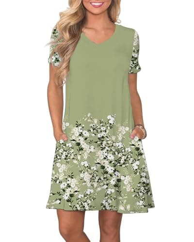 COSSEN Summer Dresses for Women Green Floral Print X-Large Casual T Shirt Dress V-Neck Short Sleeves Birthday Party Summer Travel Beach Sundress with Pocket - Image 1