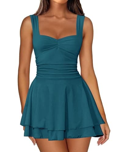 IWD Women's Summer Sweetheart Neck Sleeveless A Line Casual Dress Ruched Waist Flowy Ruffle Hem Short Formal Mini Dress Teal X-Small - Image 1