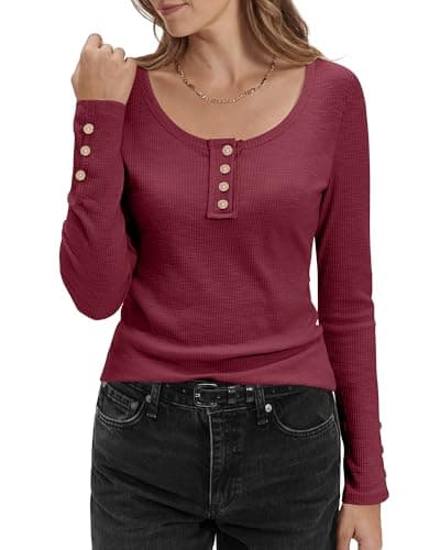 Stelle Women's Long Sleeve Henley T Shirts Button Ribbed Knit Loose Fit Basic Tops 2026 Fall Fashion Outfits Burgundy X-Small - Image 1