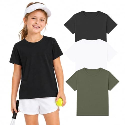 Wenlia Girls Athletic Shirts Short Sleeve Sports Tee Multi-Pack Summer Soft Activewear Tops, Black/White/Army Green, 7-8 Years, 130 - Image 1