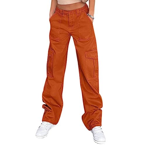 Lepunuo High Waist Stretch Cargo Pants Women Baggy Multiple Pockets Relaxed Fit Straight Wide Leg Y2K Pants Orange - Image 1