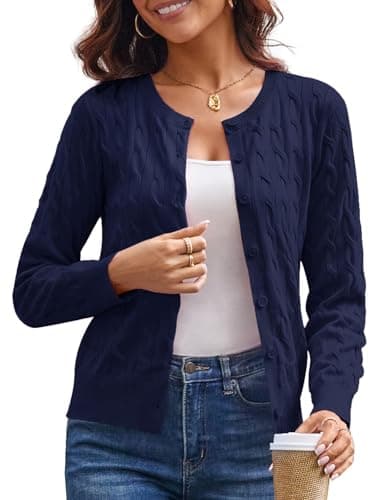 GRACE KARIN Womens 2026 Long Sleeve Button Up Cardigans Lightweight Cable Knit Button Down Sweaters for Women Blue L - Image 1