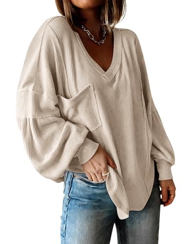 BTFBM Womens Fall Fashion 2026 Long Sleeve Shirts Casual V Neck Ribbed Knit Blouses Pullover Trendy Loose Fit Tunic Tops(Apricot, Large) - Image 1