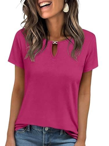 ANRABESS Womens Short Sleeve Tops Summer Tshirts Cute Keyhole Neck Casual Basic Tee Dressy Work 2026 Spring Trendy Outfits Hot Pink XX-Large - Image 1