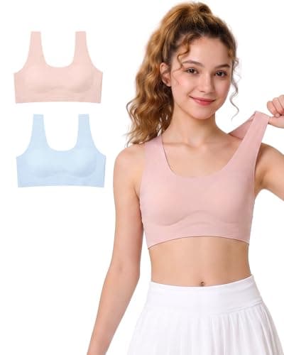 Seamless Training Bras for Girls 10-16, Wireless No-Show Bra with Removable Ultra-Thin Breathable Pads Pink/Blue - Image 1