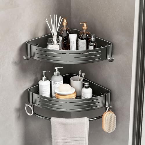 LavStow Corner Shower Caddy, 2 Pack Adhesive Shelf Corner with Towel Bar Hooks No Drilling Waterproof Rust Proof Organizer for Bathroom Storage Black - Image 1