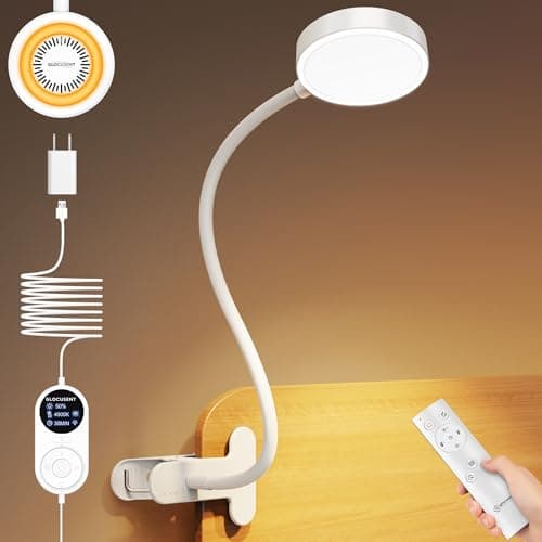 Glocusent 72 LED Clip on Lamp with Remote, Reading Light with Amber Ring, 3 Colors & 5 Dimmable Bed Lamp, 30/60-Min Auto Off Timer, Clamp Light for Headboard/Dorm/Bunk (White) - Image 1