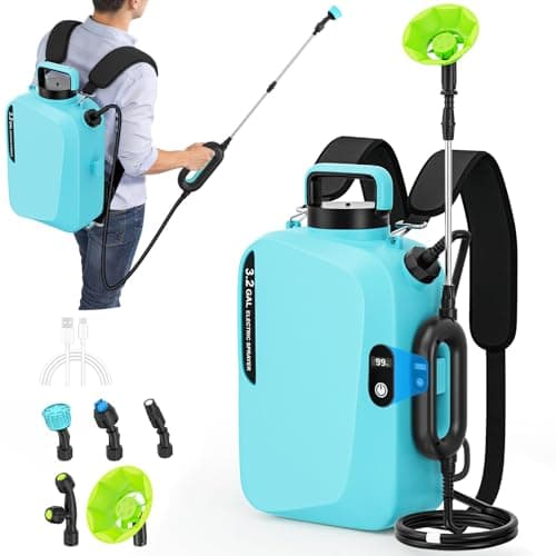 3.2 Gallon Battery Powered Backpack Sprayer, 7.4V Electric Pump with 2 Speed Adjustable, Digital Display, USB-C Rechargeable, 5 Spray Patterns for Farm, Garden, and Greenhouse (Pale Blue)