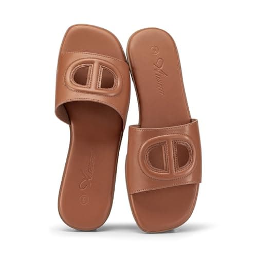 Athlefit Brown Flat Sandals Women Square Open Toe Comfortable Slip On Summer Beach Slide Sandals Size 6.5 - Image 1