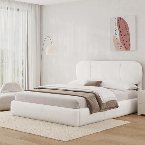 Uteeran Queen Size Bed Frame with Storage, Boucle Cloud Bed with 4 Locking Drawers & LED Lights, Modern Upholstered Platform Bed, Plush Sides & Footboard, Adjustable Headboard, No Box Spring, White - Image 1