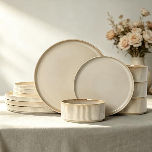 ALOFMO Stoneware Dinnerware Sets, Plates and Bowls Sets for 4, 12-Piece Ribbed Dishes – Chip & Scratch Resistant, Microwave and Dishwasher Safe Tableware, Beige - Image 1