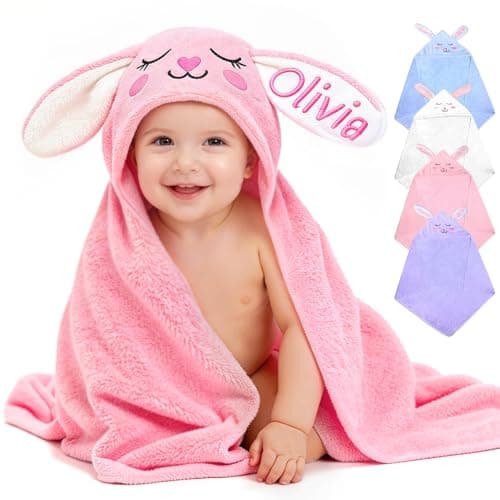 Individz Custom Hooded Bath Towel with Name, Personalized Highly Absorbent Bunny Towels, Baby Bath Towels for Girls Boys, Brithday for Baby, Toddler, Newborn (Pink-Bunny) - Image 1