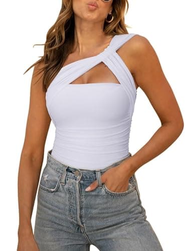 REORIA Womens Sexy One Shoulder Asymmetrical Tank Top Leopard Print Mesh Ruched Sleeveless Backless Trendy Going Out Thong Bodysuits Tops White X-Large - Image 1