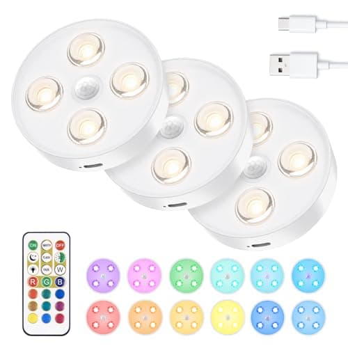 Rechargeable under Cabinet Lighting, Motion Sensor Puck Lights with Remote, 3 Pack Dimmable Magnetic Closet Lights with 12 RGB Colors, Wireless LED Night Light for Kitchen, Stairs, under Counter