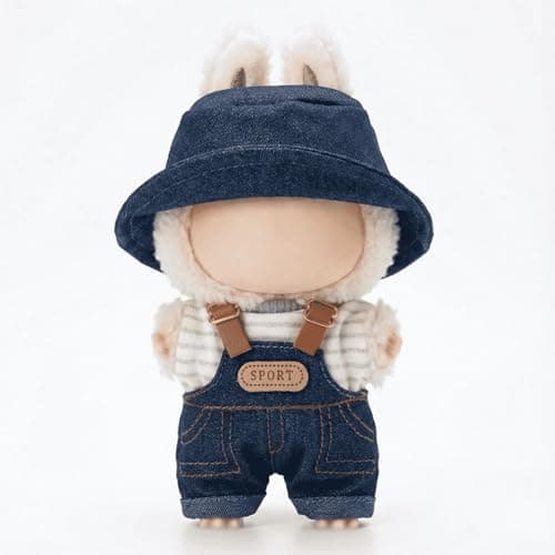 BLISSWEAVE Doll Clothes Set, 3-Piece Outfit with Denim Overalls, Bucket Hat, Striped T-Shirt, Fits 15-17 cm Dolls - Image 1