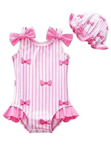 GEMLON Toddler Girls Swimsuit Ruffled Bow Strap Stripe One Piece Swimwear with Hats Beach 3T Girls Swimsuit - Image 1