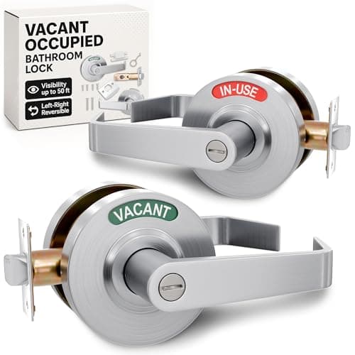 Commercial Door Handle with Lock - Bright Indicator Visible from 50 ft, 304 Stainless Steel, Quiet Rotation, Quick Install, Reversible L/R, Coin Override - Vacant Occupied Bathroom Lock for Restrooms - Image 1