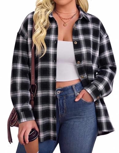 IN'VOLAND Plus Size Womens Flannel Plaid Shirts Roll Up Long Sleeve Shirts - Image 1