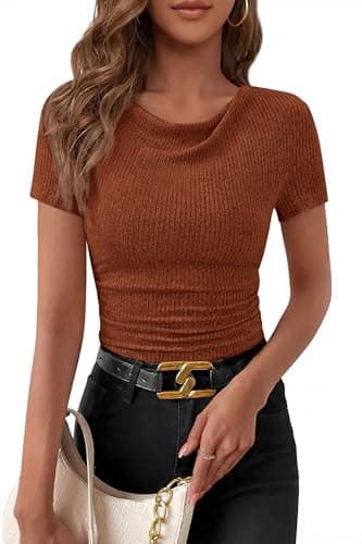 PRETTYGARDEN Womens Summer Tops 2026 Cute Cowl Neck Short Sleeve T-Shirts Ribbed Knit Fitted Spring Ruched Crop Top(Burnt Orange,X-Large) - Image 1