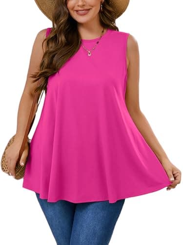 AusLook Plus Size Women's Tank Tops Hot Pink 5X Summer Casual Crew Neck Sleeveless Flowy Loose Fit Boho Tops 2025 Basic Loose Dressy Work Holiday Shirts Business Outfits - Image 1