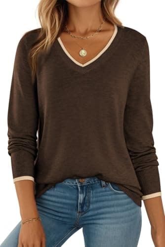 Dokotoo Sweaters for Women Trendy V Neck Solid Color Casual Chocolate Brown Fall Clothes Ribbed Knitted Tops Lightweight Cute Ladies Holiday Pullover Sweater Fall Outifits XX-Large - Image 1