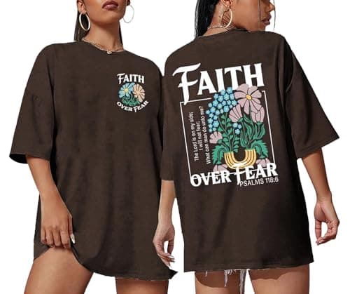 Christian Shirts for Women Oversized Faith Over Fear Boho Tops God Bible Verse Inspirational Tees Jesus Religious Gifts Brown - Image 1