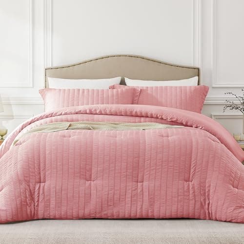 Quataly Queen Comforter Set Peach Pink,3PCS Seersucker Lightweight Bedding Comforter for All Season, Queen Size(90''×90'' Comforter & 2 Pillowcases) - Image 1