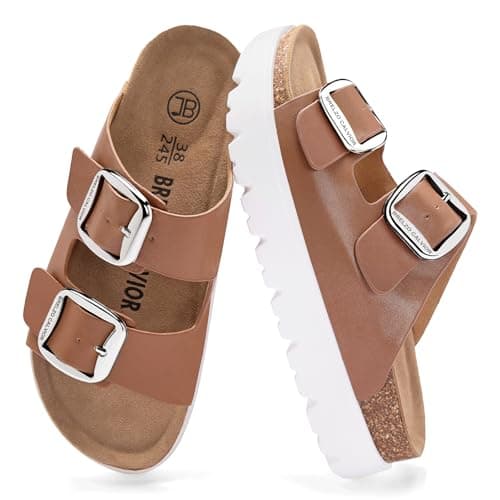 Women's Platform Sandals Suede Sandals with Adjustable Buckle Comfy Open-Toe Summer Slides for Indoor Outdoor Use, Non-Slip, Chestnut Leather Size 8.5-9 - Image 1