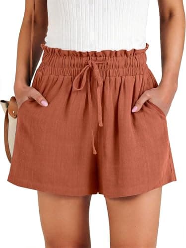 NILOINE Elastic Waist Summer Athletic Shorts for Women High Rise Drawstring Shorts Solid Color Lightweight Beach Shorts Cute Wide Leg Short Pants with Pockets(Rust,XX-Large) - Image 1