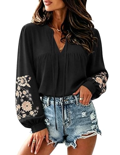LOOKBOHO Women's Floral Embroidered V-Neck Puff Long Sleeve Casual Tops Fashion Boho Mexican Shirts Fall Blouses 2025 S - Image 1