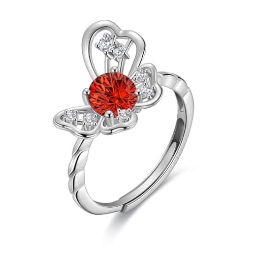 Birthstone Butterfly Opening Ring - 925 Sterling Silver Firework-Cut Cubic Zirconia January Garnet Adjustable Anniversary Engagement Promise Ring Birthday Jewelry Gift for Women Wife Daughter DR165J - Image 1