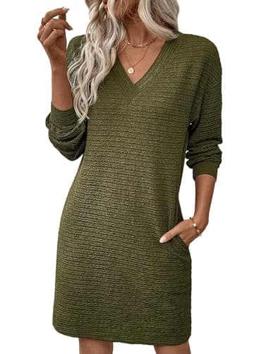 EVALESS Spring Dresses for Women 2026 Fashion V Neck Long Sleeve Summer Mini Dress Solid Casual Beach Vacation Clothes Tshirt Dresses with Pockets Women's Clothing Moss Green Medium - Image 1