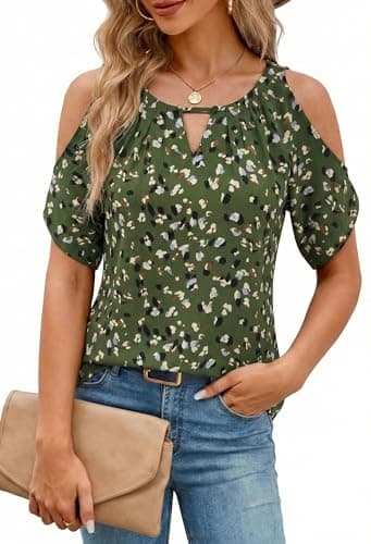 Women Cold Shoulder Tops Casual Summer Short Sleeve Crew Neck Dressy Work Blouses Dot Pints Chiffon Tunic Shirts GF L